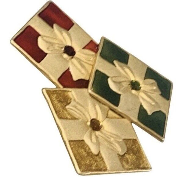 Vintage Christmas Presents Gift Brooch Pin 2.5" Icy Rhinestone Enamel Gold-tone - Picture 9 of 9